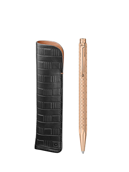 ECRIDOR™ DAMIER PEMBE ALTIN TÜKENMEZ KALEM & SİYAH DERİ KILIF SETİ