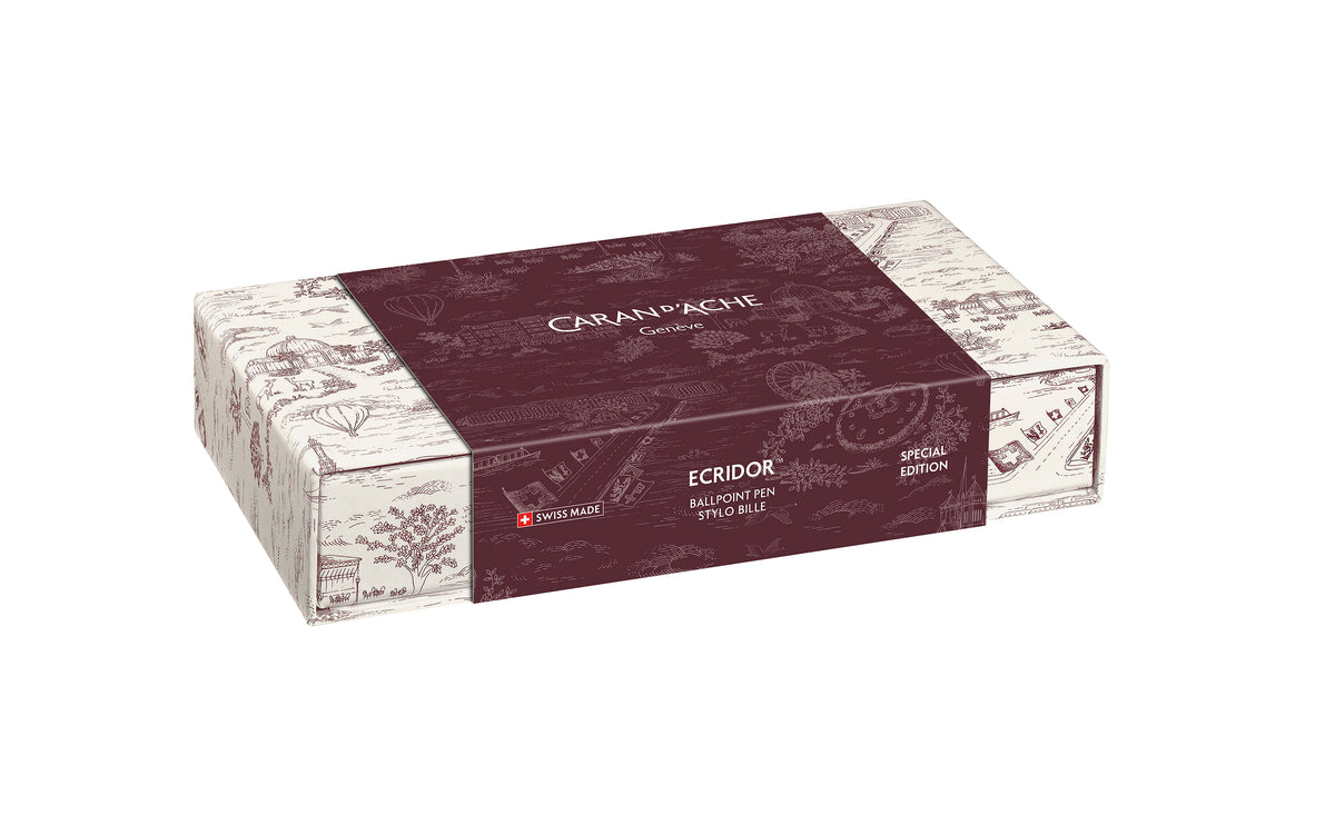 Ecridor™ Toile de Jouy Tükenmez Kalem ve Bordo Deri Kılıf Seti